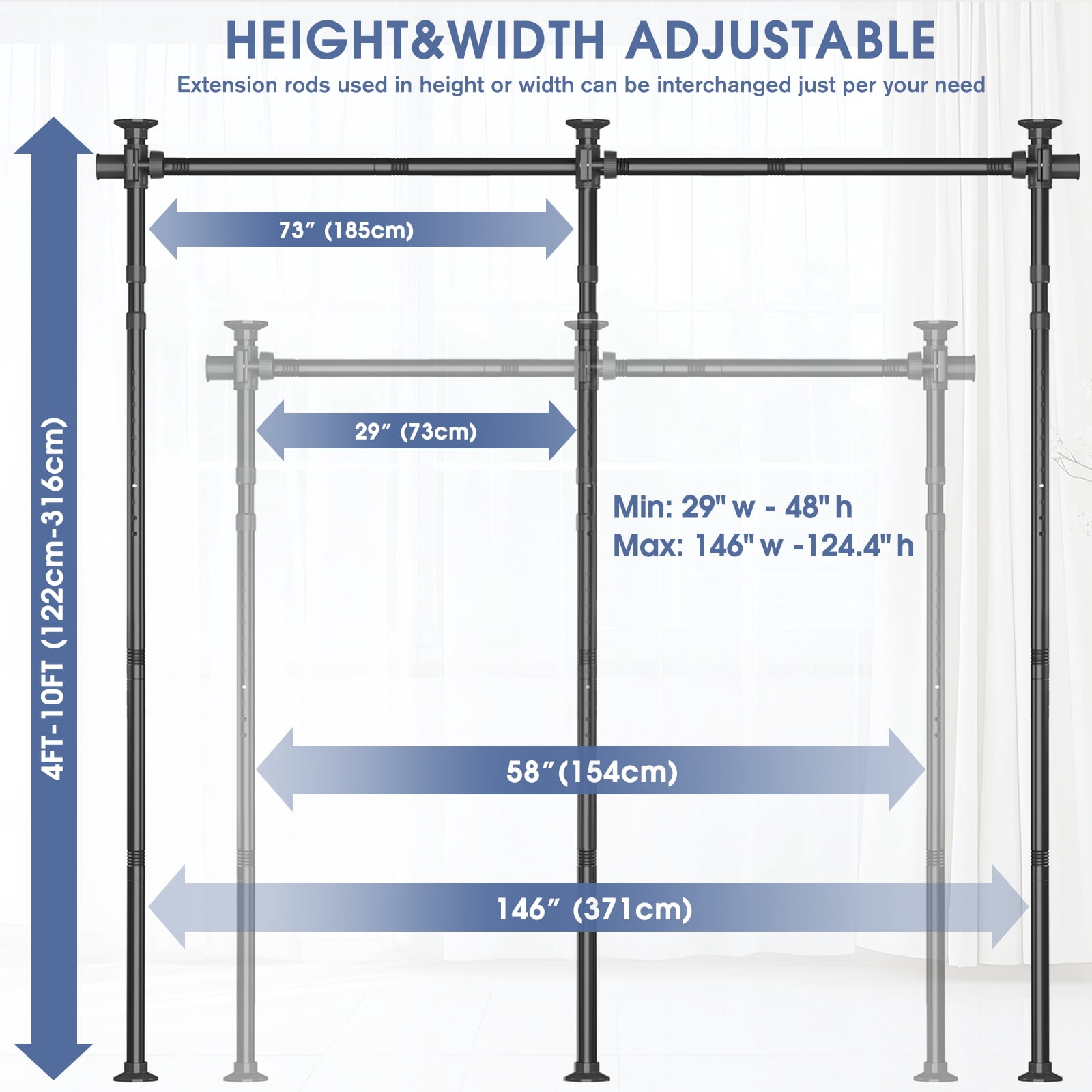 Room Dividers No Drilling Curtain Rod, 4-10ft(H) 29-146"(W) Adjustable Room Separator for Space Partition, Heavy Duty Floor to Ceiling Tension Rod, Black