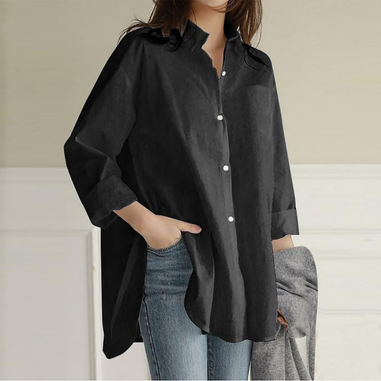 Comfy Hide Belly Long Shirt Long Sleeve Shirts Button Down Collared Solid Plus Size Tops for Women Tunic Tops to Wear with Leggings Dressy Flowy Black S Walmart