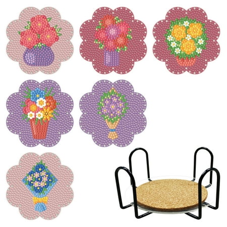 

Leeten 6pcs Flower Diamond Painting Coasters Kits with Holder Heat Insulation Diamond Painting Craft Supplies for Beginners
