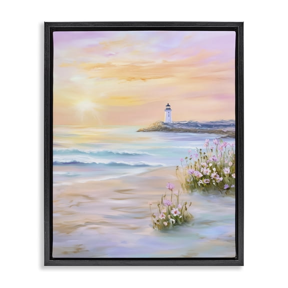 Stupell Industries Warm Sunrise with Distant Lighthouse Landscape & Nature Painting Black Floater Framed Canvas Art Print Wall Art, 17 x 21