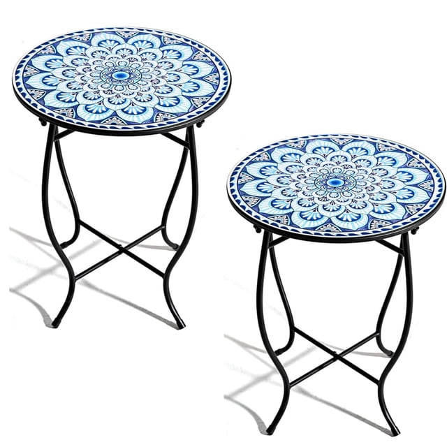 Lot de 2 Tables d'Appoint Rondes, Tables d'Appoint de Patio de 17 Pouces de Hauteur, Table d'Appoint Intérieure/extérieure en Métal Antirouille Résistant aux Intempéries pour Patio, Cour, Véranda, Balcon