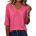 thumbnail image 3 of ClodeEU Women's V Neck 3/4 Sleeve Ruched T-Shirt, Casual Loose Fit Basic Top Hot Pink,Women's Plus L, 3 of 8