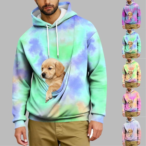 Oksale Tie Dye Hoodies for Men with Kangaroo Pouch Pet Carrier Unisex Sweatshirts Comfy Long Sleeve Fashion Clothing for Going Out Green L