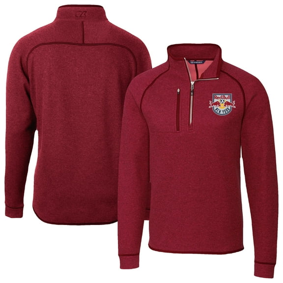 Men's-Cutter & Buck  Heather Red New York Red Bulls Mainsail Sweater-Knit Half-Zip Raglan Jacket
