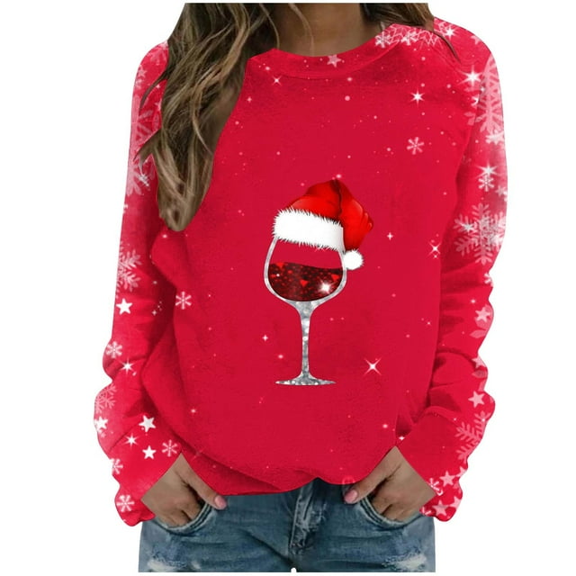 Blouses pour Femmes, Hauts de Noël pour Femmes, Mode Féminine de Noël Décontractée Imprimée Col Rond Manches Longues Chandail Blouse