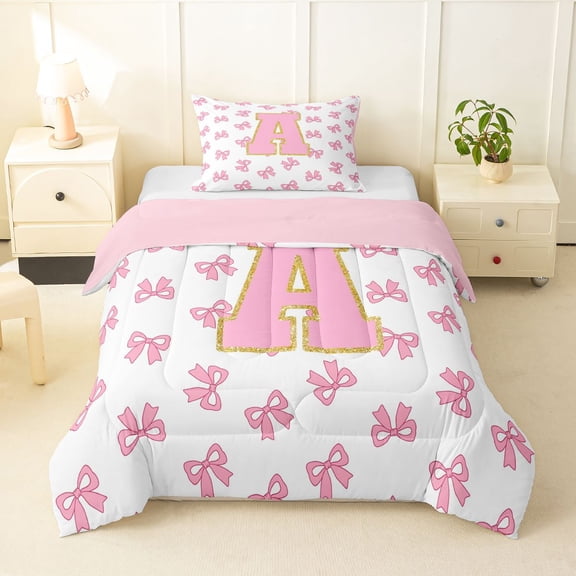 Manfei Cute Pink Bow Twin Comforter Sets,Girls Personalized Letter A Bedding Set,Pink Reversible,2pcs,1 Comforter and 1 Pillowcase