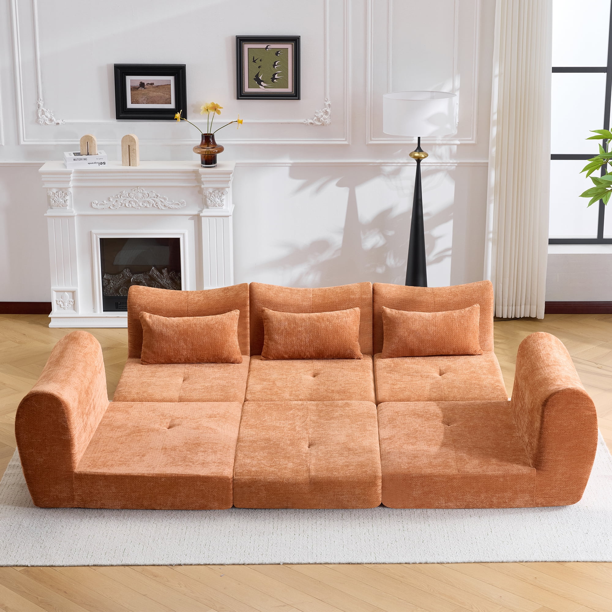 GARITIN Flannelette Fabric Modular Cloud Sectional Sofa Bed, Orange