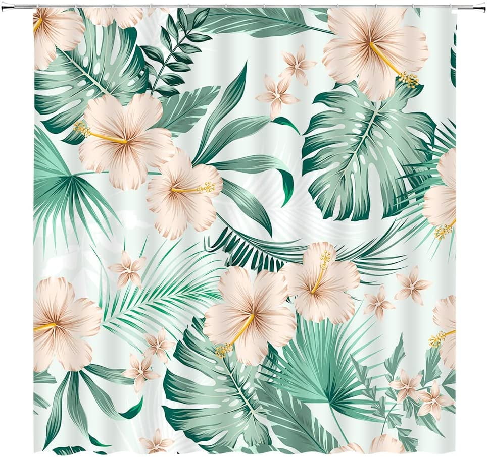 Tropical Leaves Shower Curtain Beige Floral Plant Green Palm Monstera