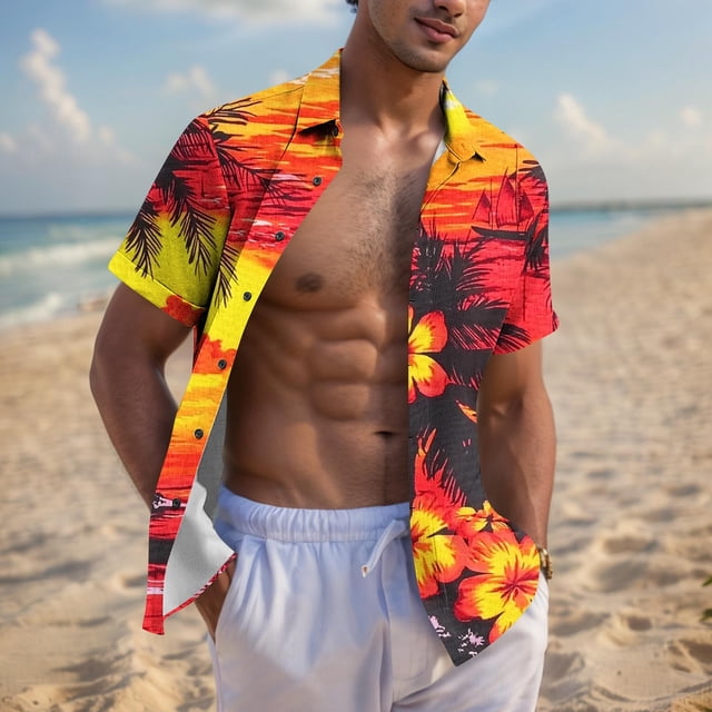 Blusa y camisa de manga corta con cuello vuelto para hombre, blusa informal de moda con cuello vuelto, blusa estampada de manga corta con botones, blusa de poliéster para hombre