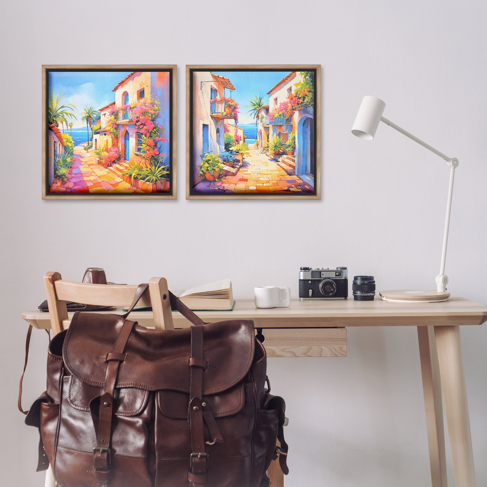 Stupell Industries Mediterranean Summer Island Vista Buildings & Architecture Painting Brown Floater Framed Canvas Art Print Wall Art, 18 x 18, Set of 2