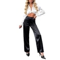 thumbnail image 4 of RUTAYY Women's Pants High Waist Solid Color Satin Palazzo Bottoms Loose Fit Everyday Casual Wear Vacation Playful Trousers, 4 of 9