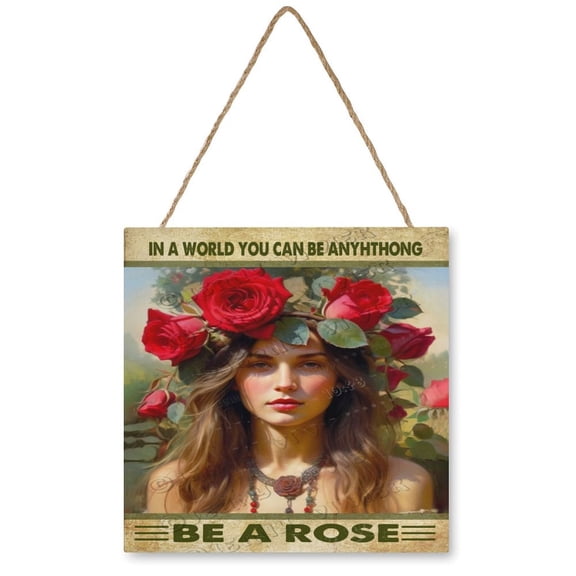 In A World You Can Be Anything Be A Rose Decorative Wood Hanging Wood Plaque, Rustic Door Sign, Wall Decor Art, Housewarming Gift 12x12 inches