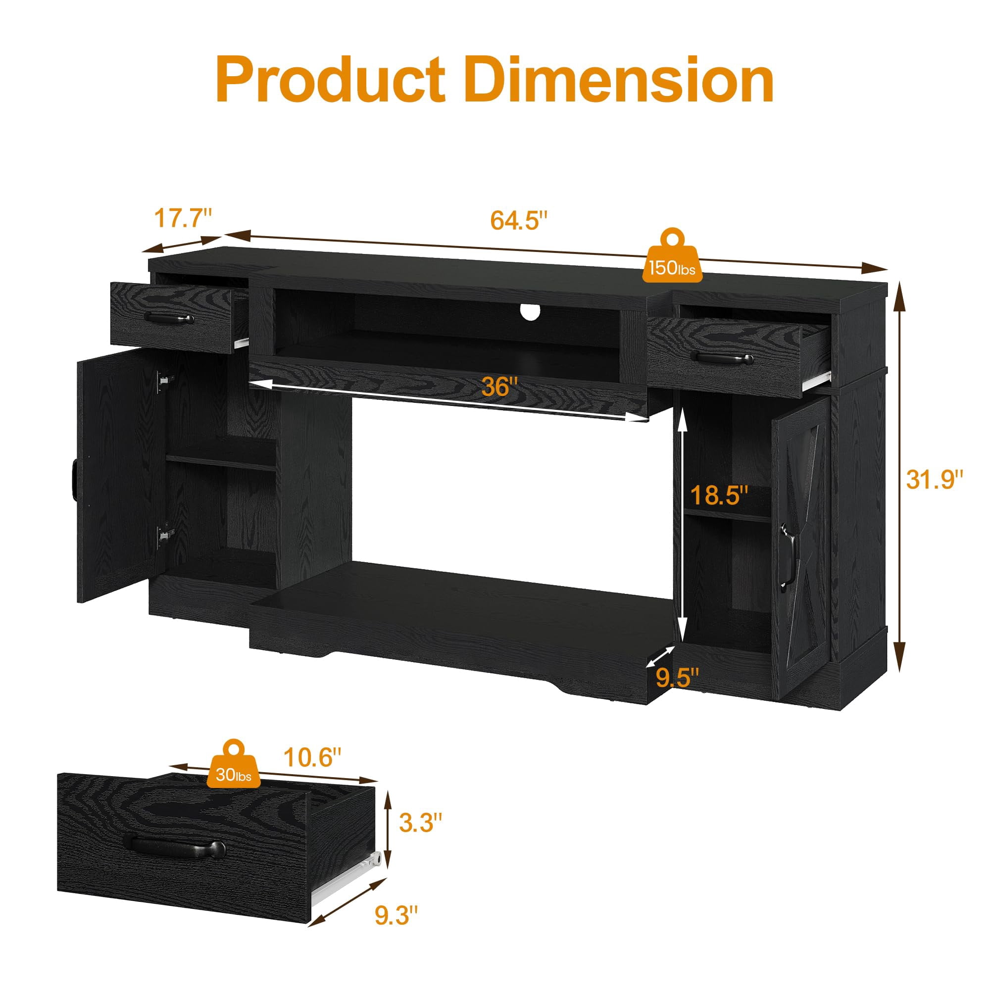Heynemo Farmhouse TV Stand for TVs up to 75", Media Console Table with Adjustable Shelves, Double-Door Design, Black