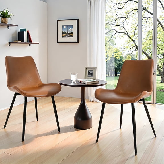 CangLong Modern Faux Leather Dining Chairs, PU Cushion Seat Back, Metal Legs for Kitchen Dining Room Side Chair, Set of 2, Brown