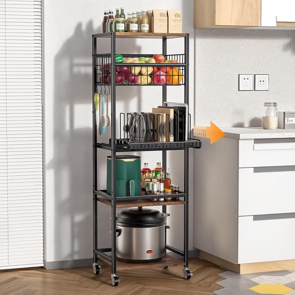 5 Tier Kitchen Rolling Cart with Metal Basket and Pull-Out Organizer, Storage Rack with Wooden Top for Pantry