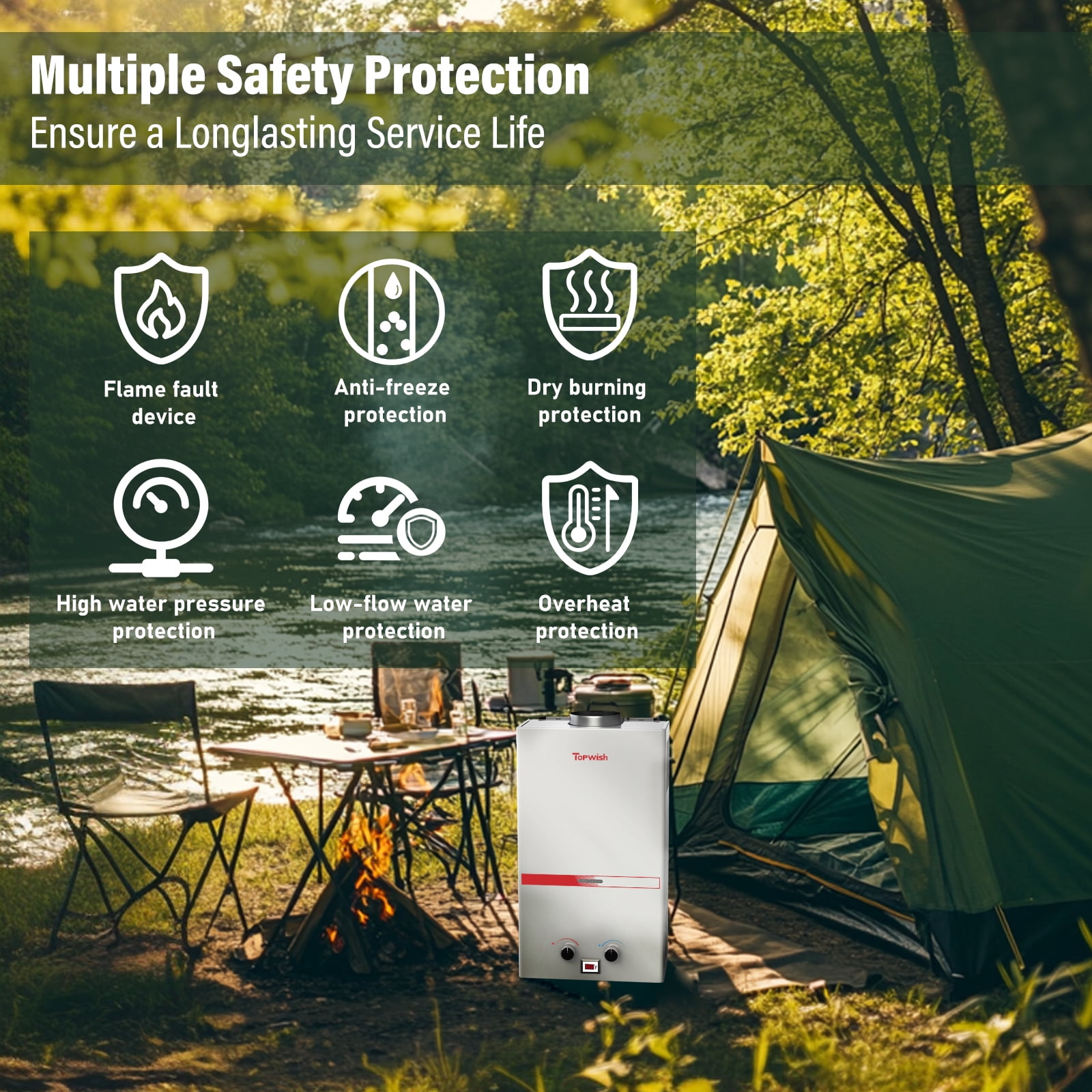 TOPWISH 12L Tankless Propane Water Heater, 3.16 GPM Portable Camping Hot Water Heater, 81,800 BTU, Digital Display, 6-in-1 Safety Protection, Battery-Powered for Outdoor RV Shower & Cabin