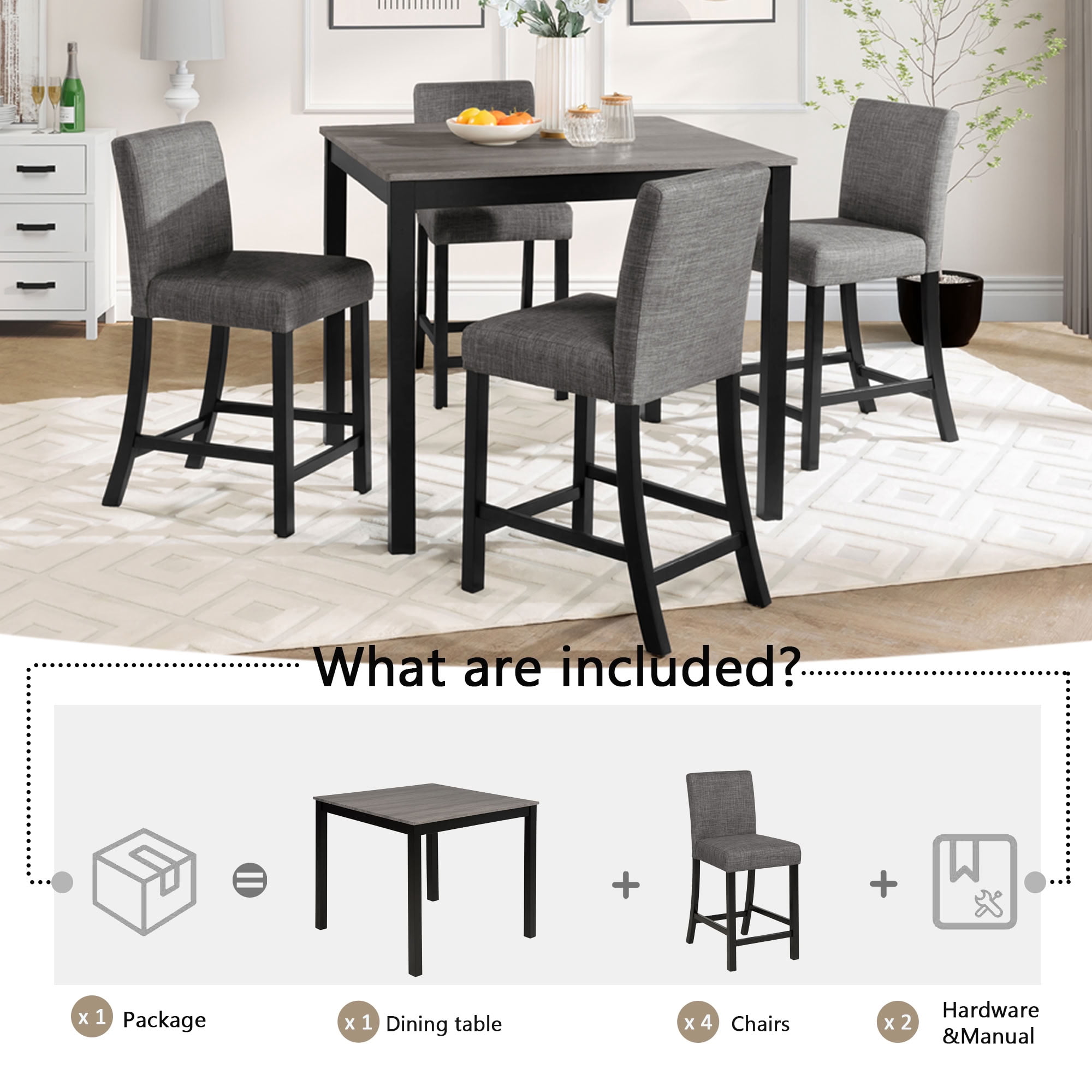 MAYEERTY 5-Piece Dining Table and Chairs Set (4 Chairs), Wooden Dining Set, Space-Saving Upholstered Dining Chairs for Kitchen Dining Room