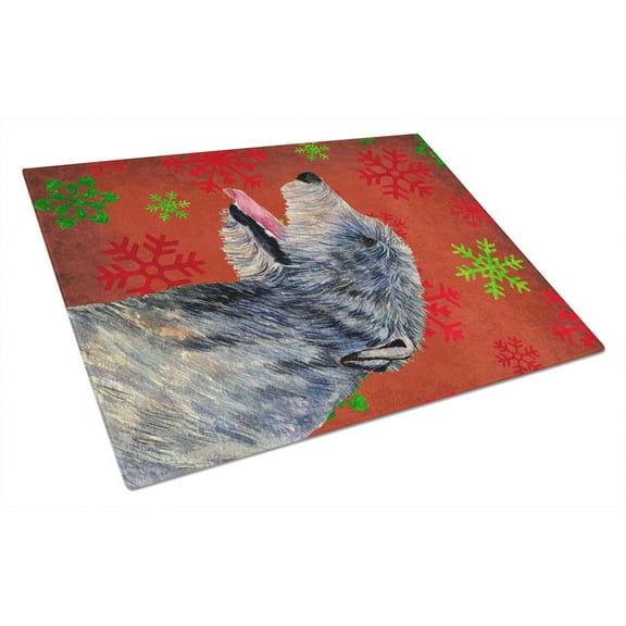 Irish Wolfhound Red and Green Snowflakes Holiday Christmas Glass Cutting Board Large