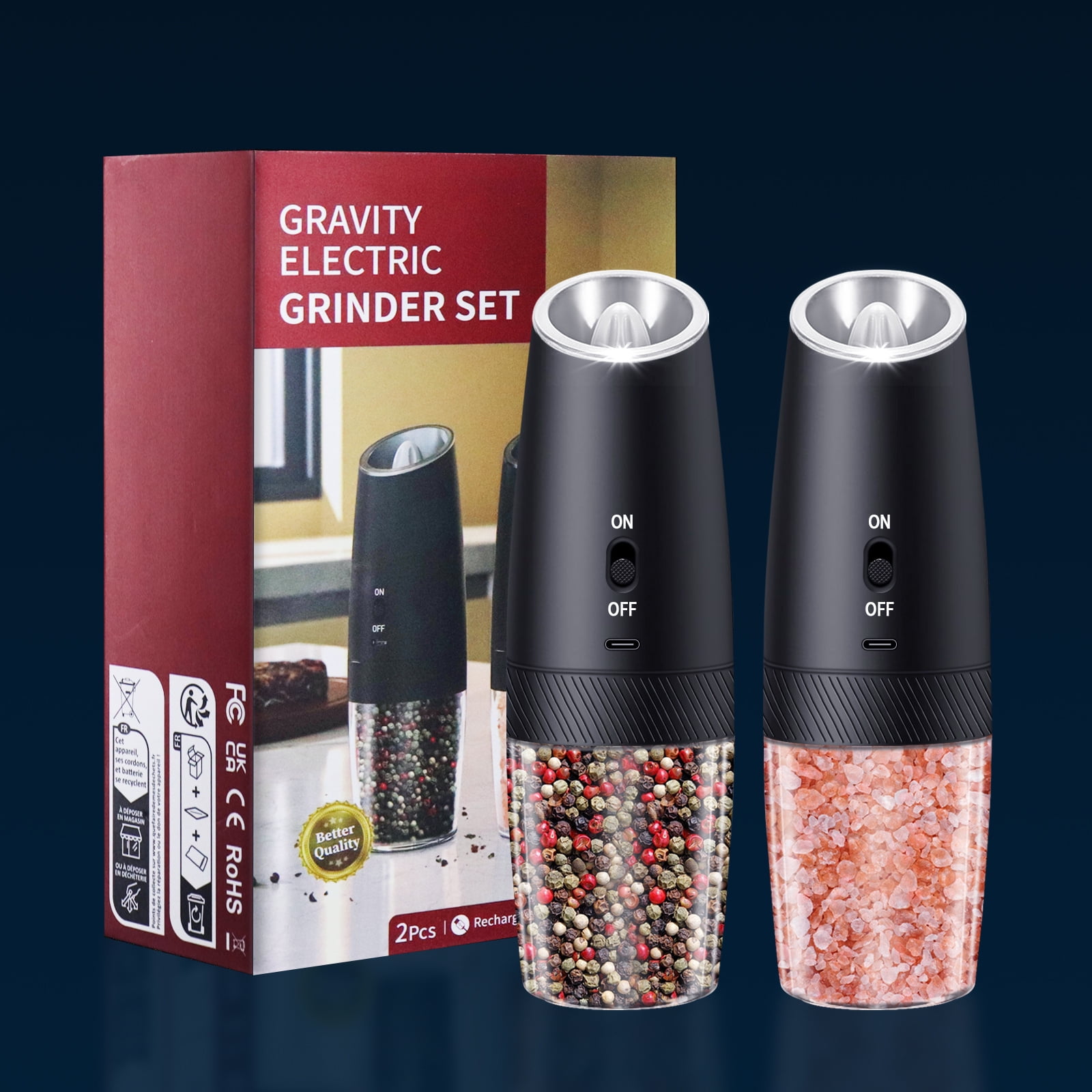 Gravity Electric Salt and Pepper Grinder Set, Adjustable Coarseness, No Batteries Needed, LED Light, One-Hand Automatic Operation, Black - Perfect Holiday Gift for Christmas.