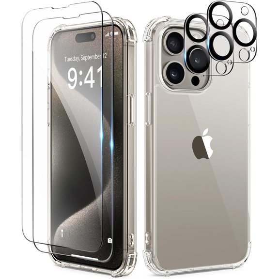 for iPhone 15 Pro Case Clear, with 3X Screen Protector   3X Camera Lens Protector, [Non-Yellowing] Clear Slim Shockproof Hard Phone Cover for Women 6.1", Transparent