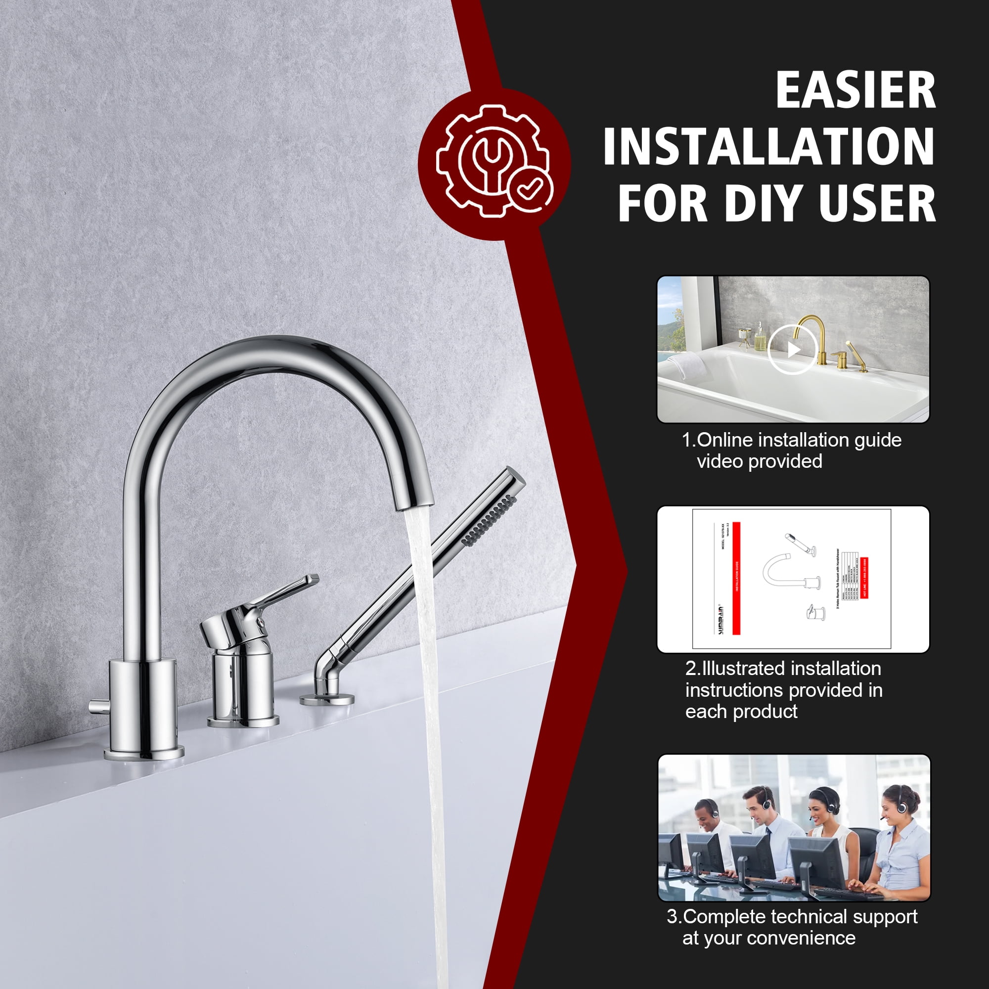 3 Hole Deck Mount Roman Tub Faucet with Hand Shower, Solid Brass Chrome Finish Valve Included High-arc Spout Chrome