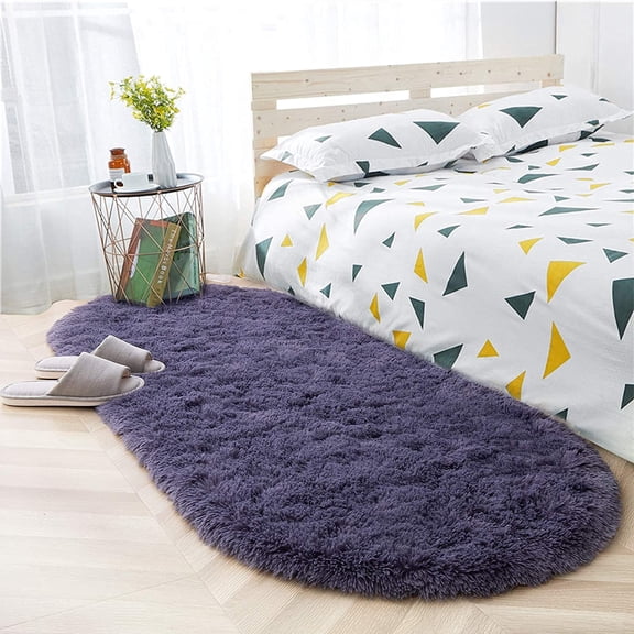 YJ.GWL Oval Fluffy Carpets Modern Plush Shaggy Area Rug Nursery Bedside Rugs for Bedroom Living Room Home Decor Mats,2.6 x 5.3ft,Gray Purple