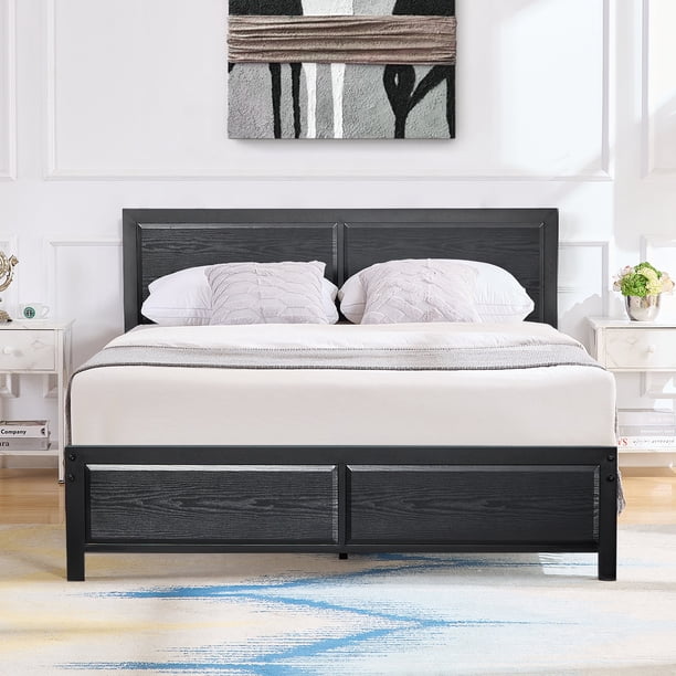 Queen Complete Metal Bed Frame with Wood Post Headboard and Footboard in Matte Black Finish main image 0