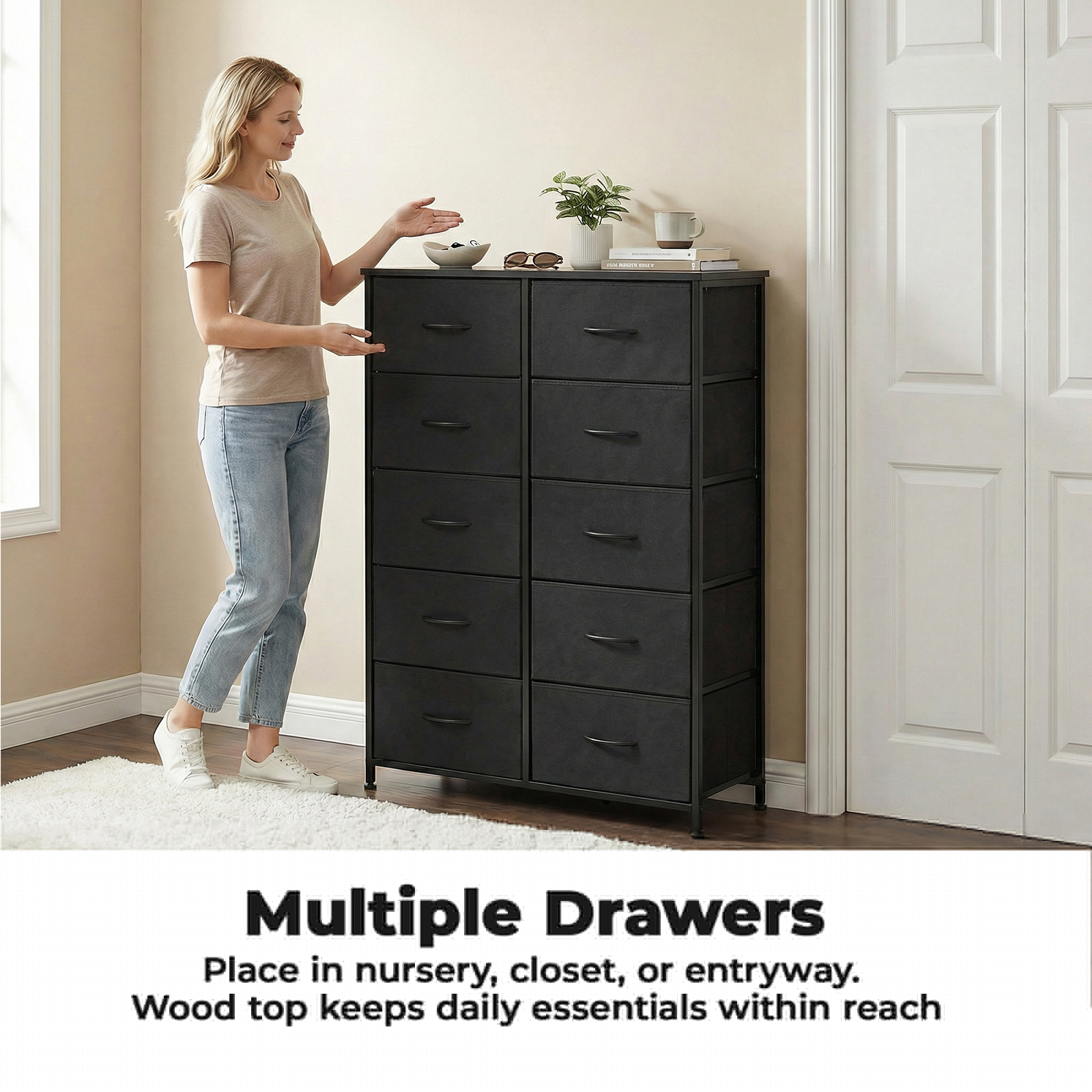 Alvantor Tall Dresser Fabric Storage Tower ,Wooden Top for Kid Room, Closet, Entryway, Nursery
