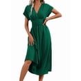 thumbnail image 4 of Womens Solid Color Overlap V Neck Batwing Sleeve Waist Pleated Long Elegant Dress Maxi Green L, 4 of 10