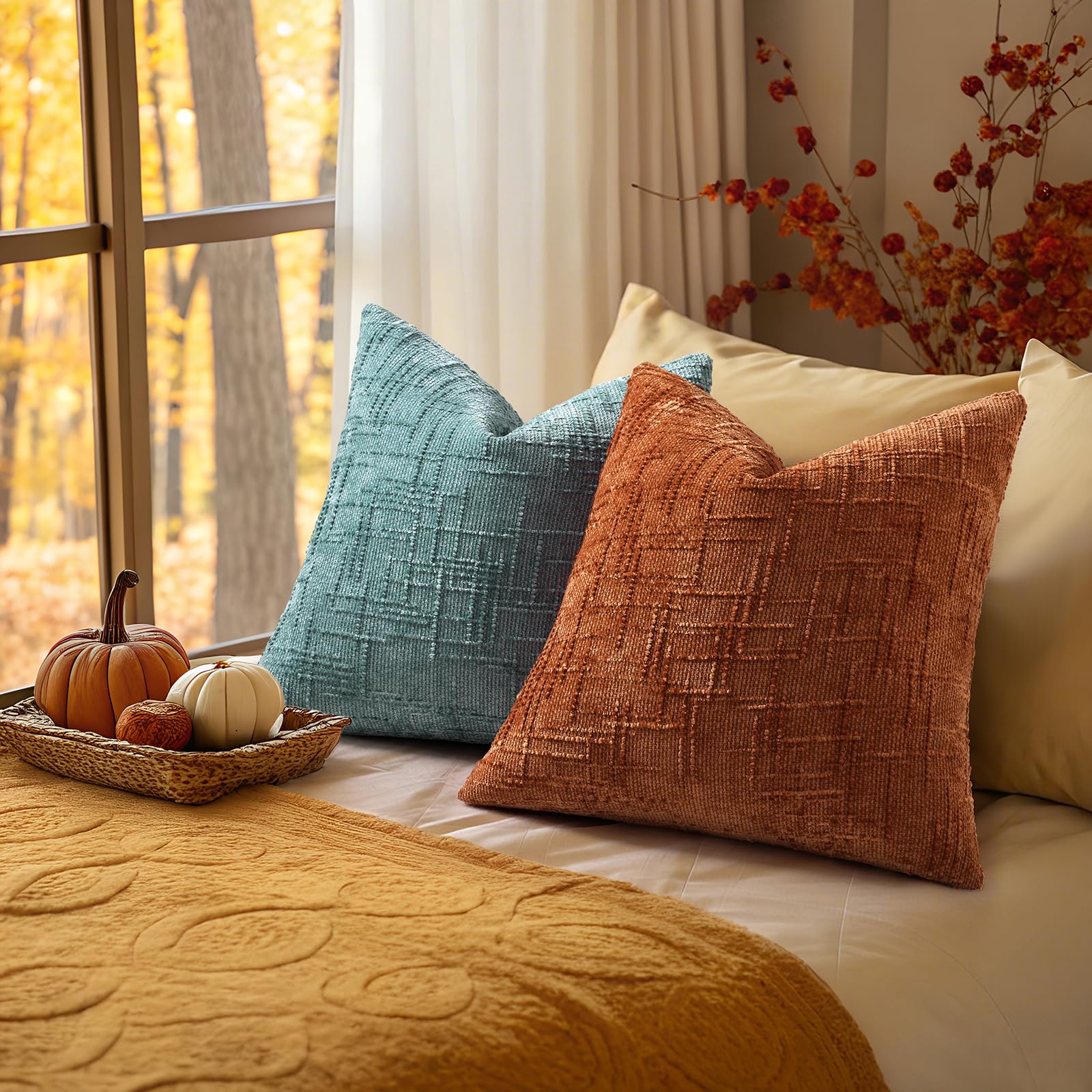 HAPPINESS Chenille Throw Pillow Covers 22x22 Set of 2 Thick Textured Slubby Couch Pillow Covers Farmhouse Accent Modern Neutral Decorative Pillow Cases for Bed Sofa Living Room
