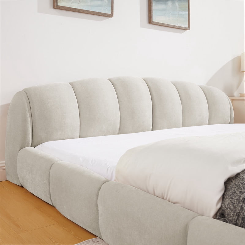 Queen/King Size Upholstered Platform Bed Frame, No Box Spring Required Low Profile Floor Bed with Padded Headboard & Footboard