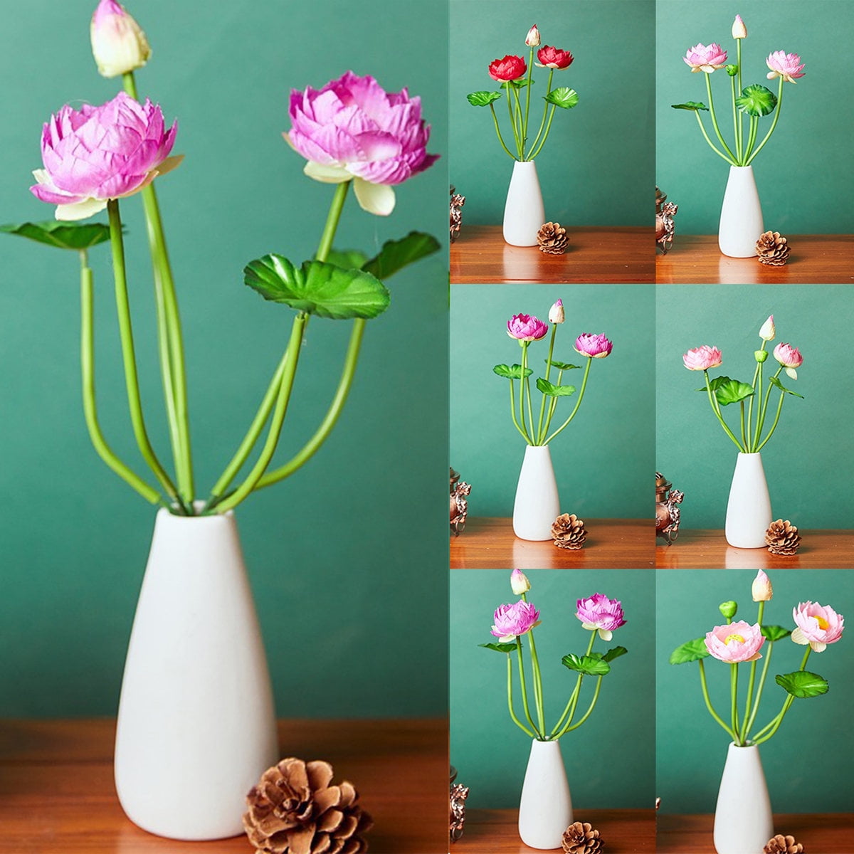 Visland Artificial Lotus Fake Flowers Bouquet with Leaves Real Looking