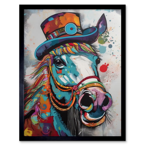 Horse Hippie in Multicoloured Bridles and Top Hat Art Print Framed Poster Wall Decor 12x16 inch
