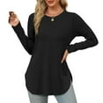 thumbnail image 2 of QYZEU Womens Clothes Solid Color Long Sleeve Shirts Fashion Fall Tops Dressy Casual Blouses Scoop Neck Side Slit Loose Tunic Tops for Leggings Black L, 2 of 7