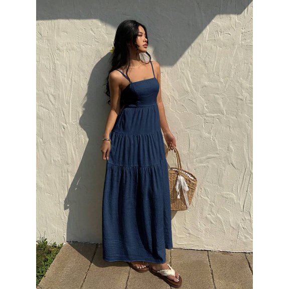 Navy Blue Textured Tiered Camisole Maxi Dress, Sleeveless, Loose Fit, Vacation Style