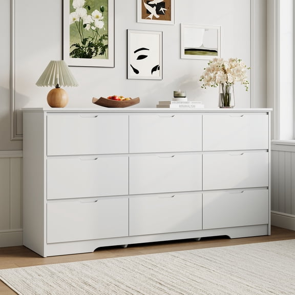 YouTrend 9 White Drawer Dresser W/ Hidden Handles,Modern Adult Wood Dresser for Bedroom, Living Room, Hallway
