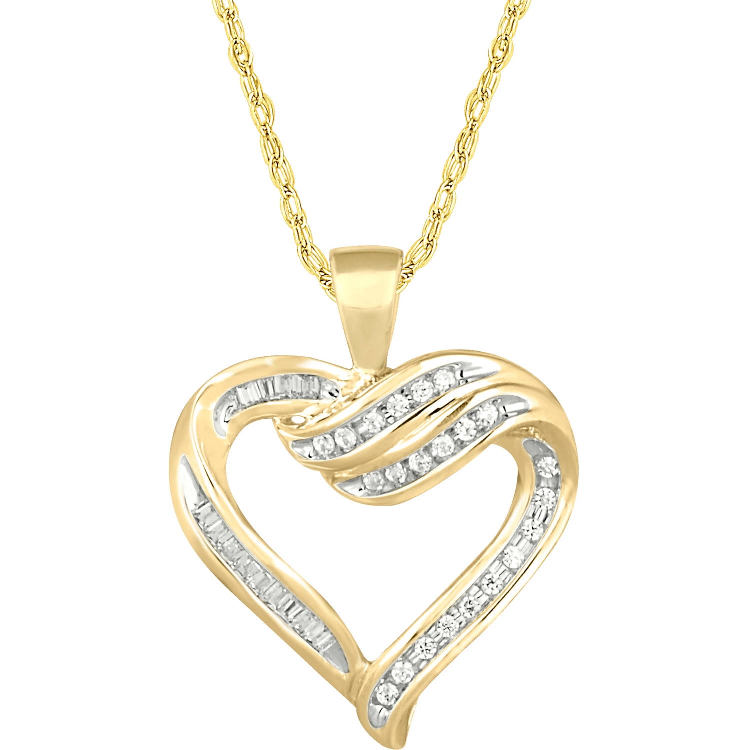 1 4 Carat T.W. Baguette and Round Diamond 10kt Yellow Gold Channel-Set Heart Pendant by INTERJEWEL