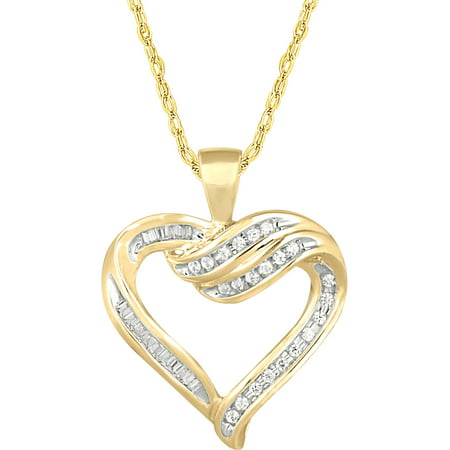 1/4 Carat T.W. Baguette and Round Diamond 10kt Yellow Gold Channel-Set Heart Pendant