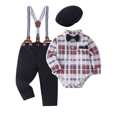 

Baby Boy Clothes Suits 0-18 Months Gentleman Outfit Plaid Romper Beret Hat Suspender Pants Tie Wedding Set