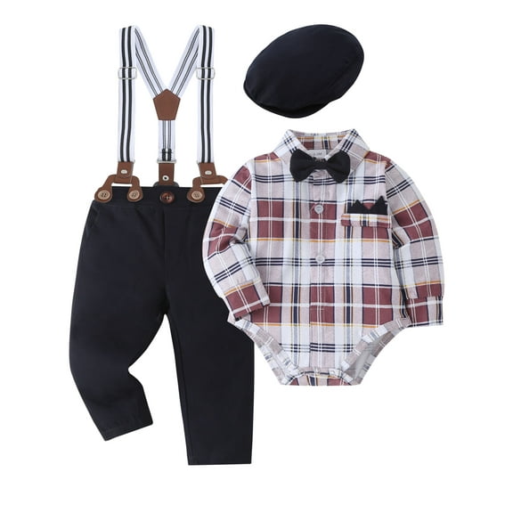 Baby Boy Clothes Suits 0-18 Months Gentleman Outfit Plaid Romper Beret Hat Suspender Pants Tie Wedding Set