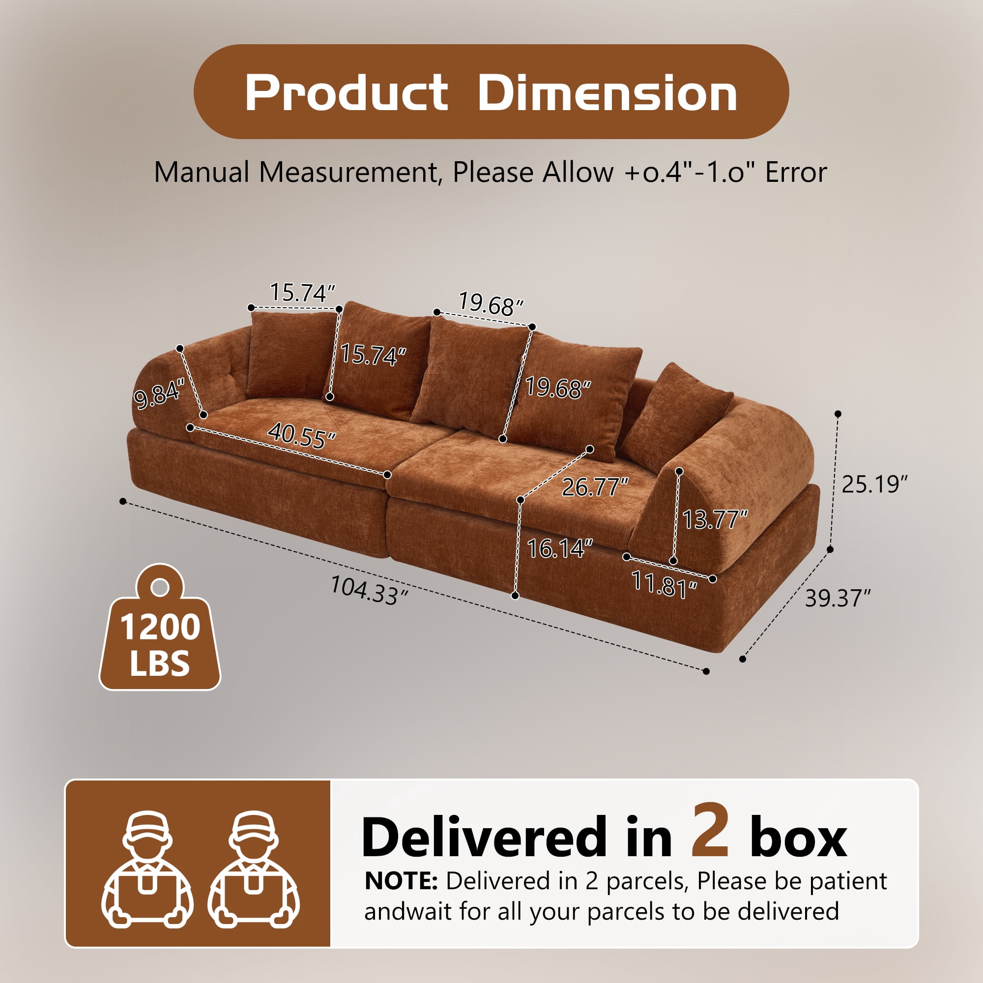 Leumius Cloud Sectional Sofa,3 Seater Boneless Couch with Deep Seat,Modern Sofa with 5 Pillows for Living Room Bedroom,No Assembly,Orange