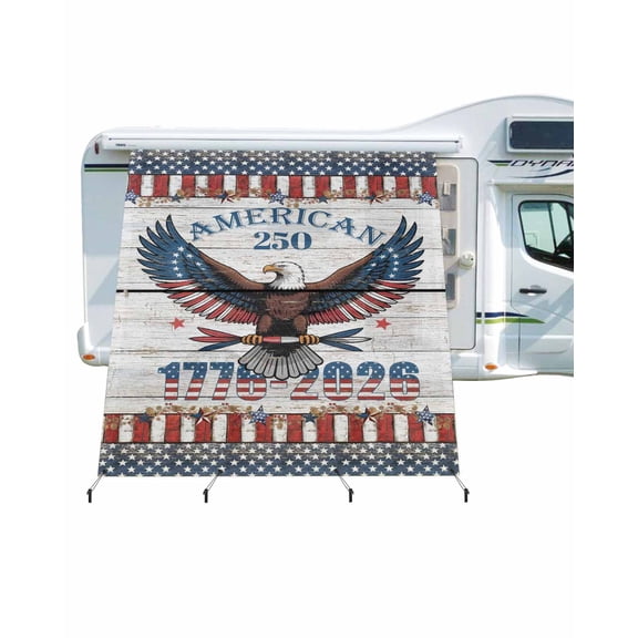4th of July RV Awning Sun Shade Screen 9'X7' Patriotic Eagle Mesh Sunscreen Red White and Blue Stars 250th Anniversary Awning Shade Screen with Zipper Completed Kits for RV Motorhome Camper