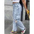 thumbnail image 5 of Women's High - Waisted Cargo Jeans Loose Wide - Leg Fit Y2K Streetwear Trend Cotton Denim Distressed Ripped  Multi - Pocket Design Light Blue Wash Fashion Casual Pants for Daily  Street Style, 5 of 7