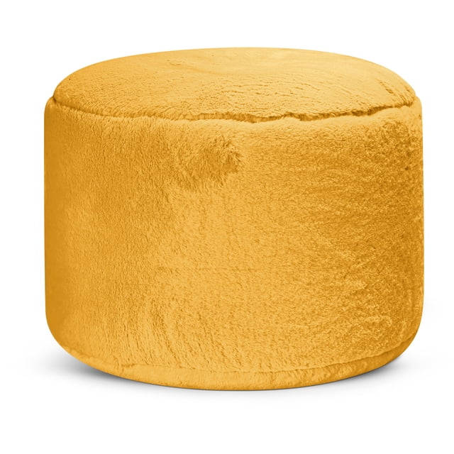 Mustard yellow soft round pouf made of faux rabbit fur, 20 inches diameter and 12 inches height, filled with polystyrene beads for use as an ottoman or footrest.