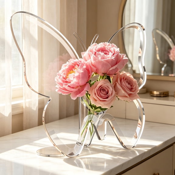 Crystal Clear Butterfly Shaped Flower Vase, 7.87 Inch Frame Vase Shatterproof Burr-free Edge Non Slip Stable Base Flower Holder Decor for Fresh Dried Blooms Table Shelf Home Office Display Gifts