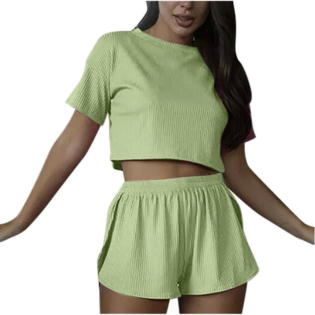 Yuyuzo Ensembles de Pyjama pour Femmes Deux Pièces Col Ras du Cou Manches Courtes Haut Court P Shorts Taille Haute Vêtements de Détente