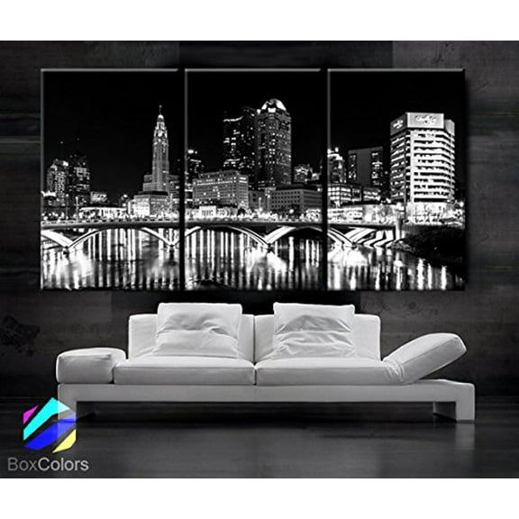 BoxColors - Large 30"x 60" 3 Panels 30"x20" Ea Art Canvas Print Columbus Ohio Skyline Night Downtown Black & White Wall Home Decor Interior (Framed 1.5" Depth)