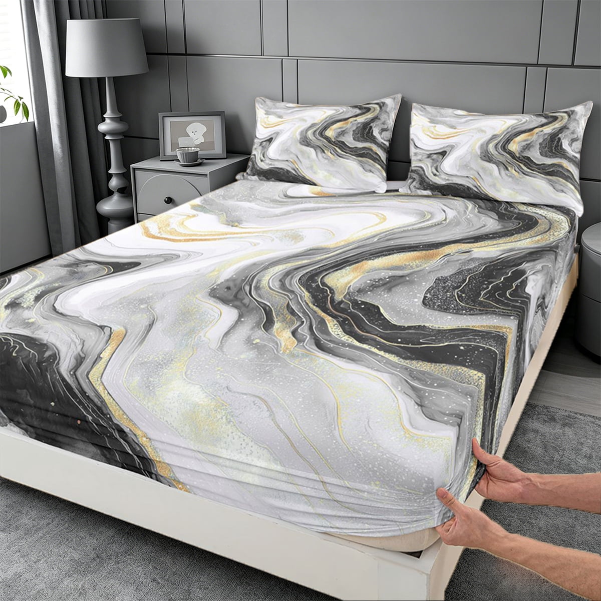 meiyoeat Modern Marble Art Queen Sheets For Women Men,Abstract Swirl Design Queen Sheet Sets For Adults,4-Piece