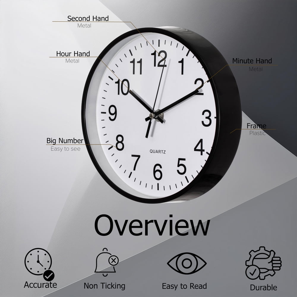 Clockswise Black 12-In Analog Clock – Silent, Non-Ticking for Wall Battery-Operated, Perfect for Home Office, Farmhouse Kitchen, Entryways, Dining Rooms and Bedroom Decor, School and Bathroom Clock