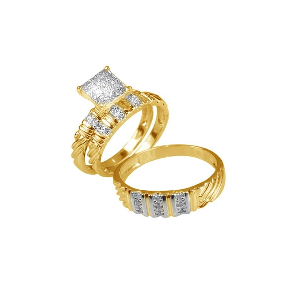 AFFY White Natural Diamond Trio Wedding Bridal Ring Set In 14k Yellow Gold (0.5 Cttw)